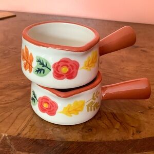 Ceramic Miniature Individual Milk Creamers Syrup 2oz, Leaves Flower Brown Handle